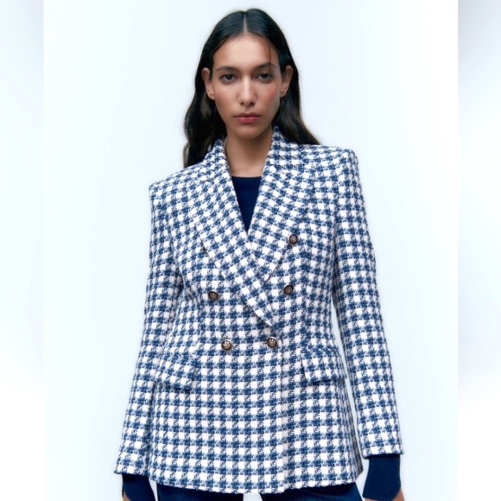 ZARA BLUE TWEED TEXTURED KNIT PLAID CHECK HOUNDSTOOTH BLAZER JACKET Size MED NWT